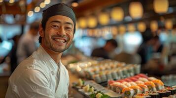 ai gerado homem em pé dentro frente do Sushi exibição foto