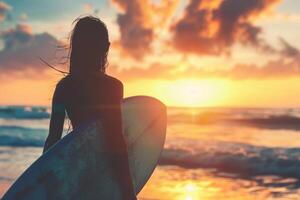 ai gerado silhueta do surfista mulher às pôr do sol com ai gerado. foto