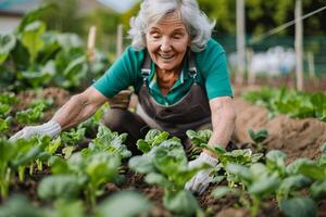 ai gerado idosos mulher cuidando para dela vegetal jardim com ai gerado. foto