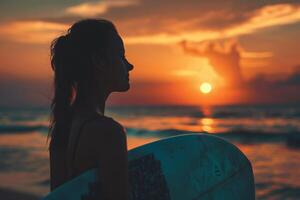 ai gerado silhueta do surfista mulher às pôr do sol com ai gerado. foto