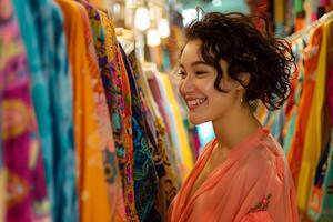 ai gerado jovem mulher sorridente dentro colorida roupas loja com ai gerado. foto