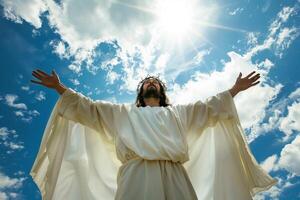 ai gerado homem retratando Jesus oferta mão contra céu com ai gerado. foto