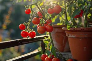 ai gerado maduro tomates crescendo dentro terraço jardim Panela com ai gerado. foto