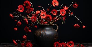 ai gerado uma vaso com muitos vermelho papoula flores em a terra foto