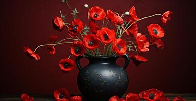 ai gerado uma vaso com muitos vermelho papoula flores em a terra foto
