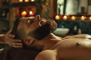 ai gerado homem desfrutando relaxante massagem às uma spa com ai gerado. foto
