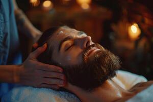 ai gerado homem desfrutando relaxante massagem às uma spa com ai gerado. foto