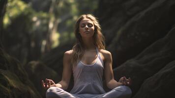 ai gerado bonita jovem mulher fazendo ioga dentro a natureza, ioga Tempo dentro a natureza, mulher relaxante dentro a natureza, bonita mulher fazendo ioga exercício foto