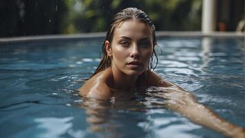 ai gerado retrato do uma bonita menina dentro a piscina, molhado retrato, molhado gir dentro a piscina, mulher é natação dentro a piscina foto