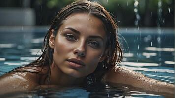 ai gerado retrato do uma bonita menina dentro a piscina, molhado retrato, molhado gir dentro a piscina, mulher é natação dentro a piscina foto