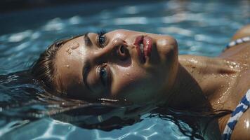 ai gerado retrato do uma bonita menina dentro a piscina, molhado retrato, molhado gir dentro a piscina, mulher é natação dentro a piscina foto