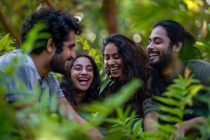 ai gerado alegre amigos rindo juntos dentro natureza. foto