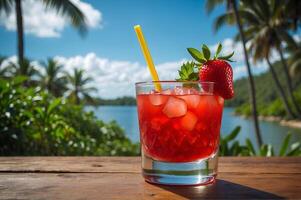 ai gerado uma delicioso morango daiquiri espera em uma de madeira mesa com uma lindo Visão sobre uma tropical oceano panorama. foto