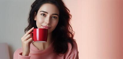 ai gerado mulher segurando e bebendo uma copo do café foto