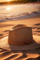 ai gerado uma Palha chapéu senta em a areia dentro a de praia. foto