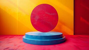 ai gerado uma vermelho e azul circular escultura senta em uma pedestal foto