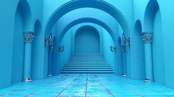 ai gerado uma azul corredor com colunas e escadas foto