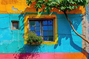 ai gerado colorida vintage parede com pitoresco janela foto