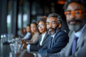 ai gerado profissional multirracial o negócio equipe dentro uma colaborativo discussão dentro conferência quarto foto