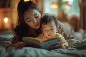 ai gerado concurso momento do mãe e criança desfrutando hora de dormir história às casa foto