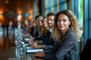 ai gerado confiante empresária às conferência com diverso colegas dentro sala de reuniões foto