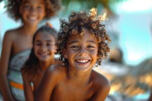 ai gerado feliz crianças com brilhante sorrisos desfrutando hora de brincar ao ar livre, irradiando alegria e jovem energia. foto