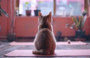 ai gerado uma gato senta em a esteira dentro uma ioga estúdio foto