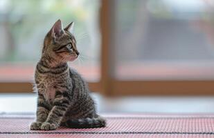 ai gerado uma malhado gato senta em alguns tipo do esteira foto