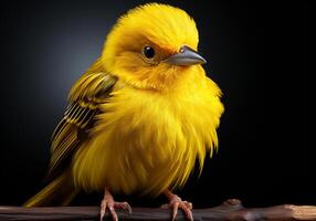 ai gerado pequeno amarelo pássaro em uma ramo em Sombrio fundo. foto