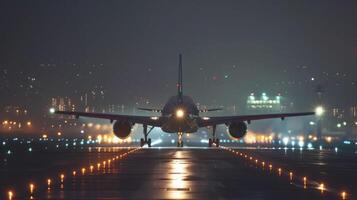 ai gerado a avião é aterrissagem às a aeroporto às noite foto