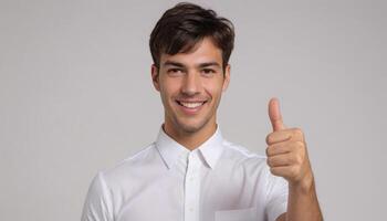 ai gerado uma homem dentro uma branco vestir camisa dando uma polegares acima, dele arrumado aparência e confiante sorrir sugerindo ambos profissionalismo e acessibilidade. foto