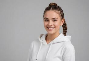 ai gerado uma adolescente com uma trança sorrisos dentro uma branco capuz, apresentando uma relaxado e jovem aparência. foto