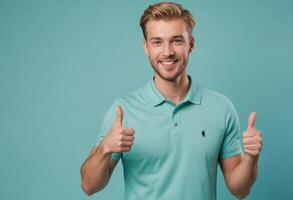 ai gerado uma alegre Loiras homem vestindo uma pólo camisa dá dois polegares acima, dele comportamento é amigáveis e otimista. foto