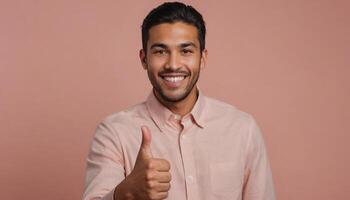 ai gerado uma alegre homem com uma cavanhaque dentro uma Rosa camisa dando uma polegares acima, expressando positividade e confiança. foto