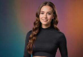 ai gerado uma jovem mulher com grandes trançado cabelo vestindo uma Preto gola alta, sorridente contra uma colorida arco Iris gradiente fundo. foto