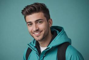 ai gerado uma casual homem vestindo uma turquesa moletom com capuz e mochila dá uma amigáveis sorriso, sugerindo a urbano, em movimento estilo de vida contra uma azul pano de fundo. foto