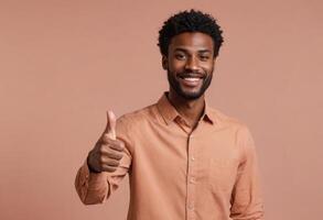 ai gerado uma jovem homem dentro a laranja camisa mostra dele aprovação com uma polegares acima, exibindo uma radiante sorriso. ele é conjunto contra uma Coincidindo laranja fundo. foto