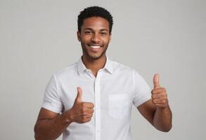 ai gerado uma Preto homem dentro uma fresco branco pólo camisa dá uma Duplo polegares acima com uma confiante, amigáveis sorriso. foto