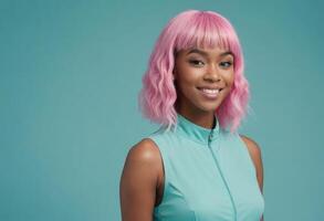 ai gerado uma sorridente mulher com vibrante Rosa cabelo dentro uma sem mangas topo. dela brilhante aparência transmite positividade e estilo. foto