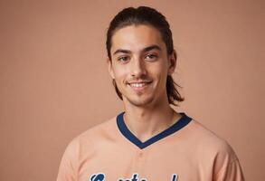 ai gerado uma jovem homem com grandes cabelo sorrisos suavemente, vestindo uma beisebol tee este dicas às uma esportivo, descontraído estilo. foto