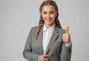 ai gerado uma jovem empresária dentro uma cinzento terno dando uma polegares acima, dela trançado cabelo enquadramento uma confiante sorriso. foto