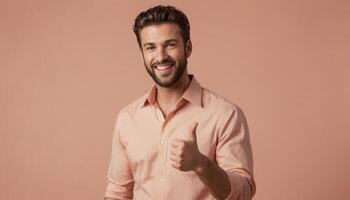 ai gerado alegre homem dentro salmão camisa dando uma polegares acima. tons quentes retrato com positivo energia. foto