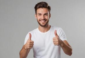 ai gerado alegre homem dentro branco camiseta dando Duplo polegares acima. radiante e animado expressão. foto