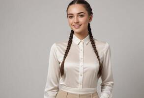 ai gerado a elegante mulher poses dentro uma abotoado marfim camisa, dela trançado cabelo adicionando para dela polido olhar. foto