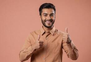 ai gerado uma sorridente homem com uma barba mostrando polegares acima. ele desgasta uma casual pêssego camisa e parece acessível. foto