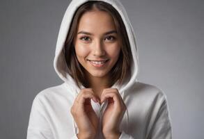 ai gerado uma sorridente mulher faz uma coração forma com dela mãos, vestindo uma branco capuz. a gesto e dela expressão transmitir afeição e cordialidade. foto