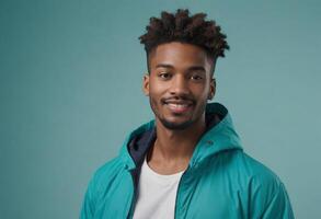 ai gerado uma homem com uma na moda afro Penteado vestindo uma cerceta jaqueta, exalando uma relaxado e à moda aura. foto