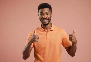 ai gerado uma feliz homem dentro a laranja pólo camisa dá uma Duplo polegares acima. dele brilhante sorrir e casual estilo irradiar positividade. foto