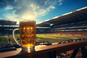 ai gerado uma caneca do Cerveja sentado perto uma futebol estádio foto