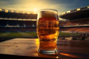 ai gerado uma Cerveja vidro e campo estão em uma mesa dentro frente do uma estádio foto